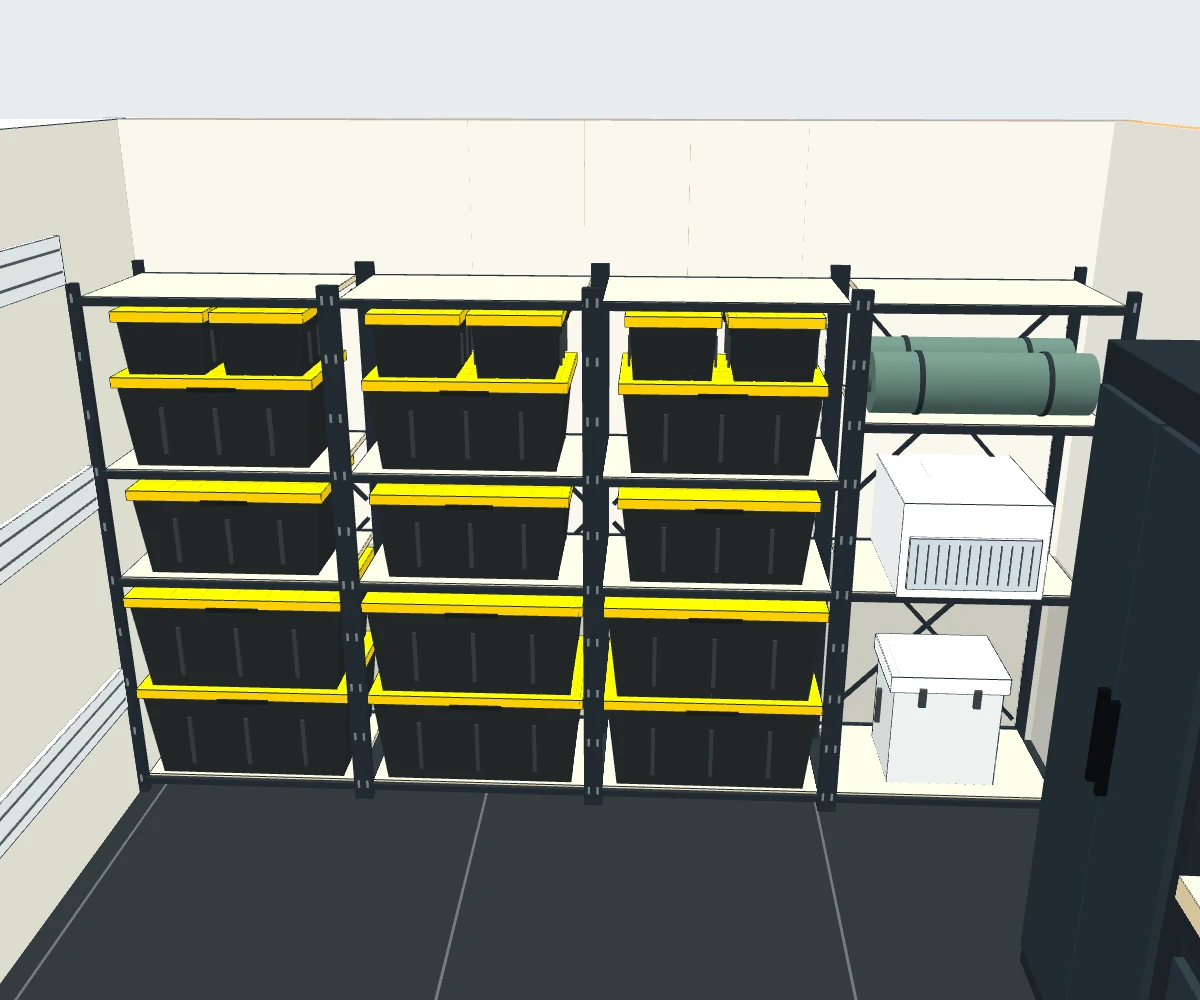 A close view of three tote-filled BROR bays and a fourth bay for bulky equipment in the 3D planner.