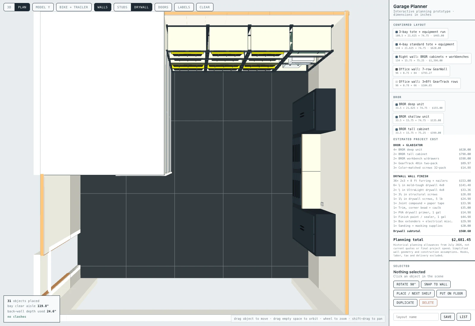 The planner's top-down view showing the office footprint, back-wall shelving, right-wall cabinets and workbenches, and central floor space.