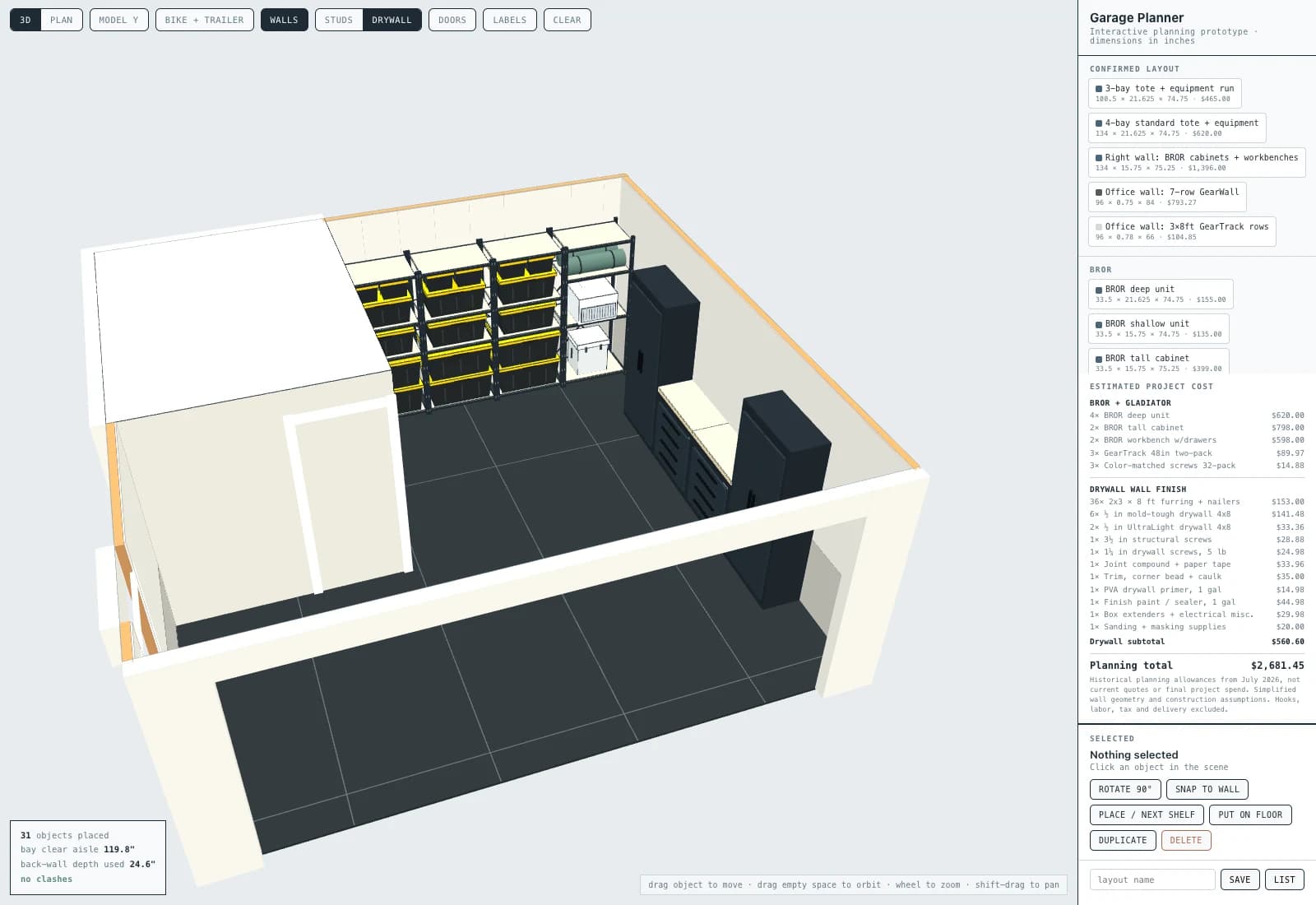 The garage planner interface with a dimensioned item catalog, placement controls, clearance readout, and itemized storage and drywall estimates beside the 3D layout.